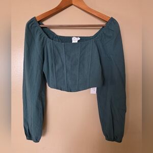 Kirious Los Angeles Green Washed Cotton Crop Top S Square Neck Corset Romantic